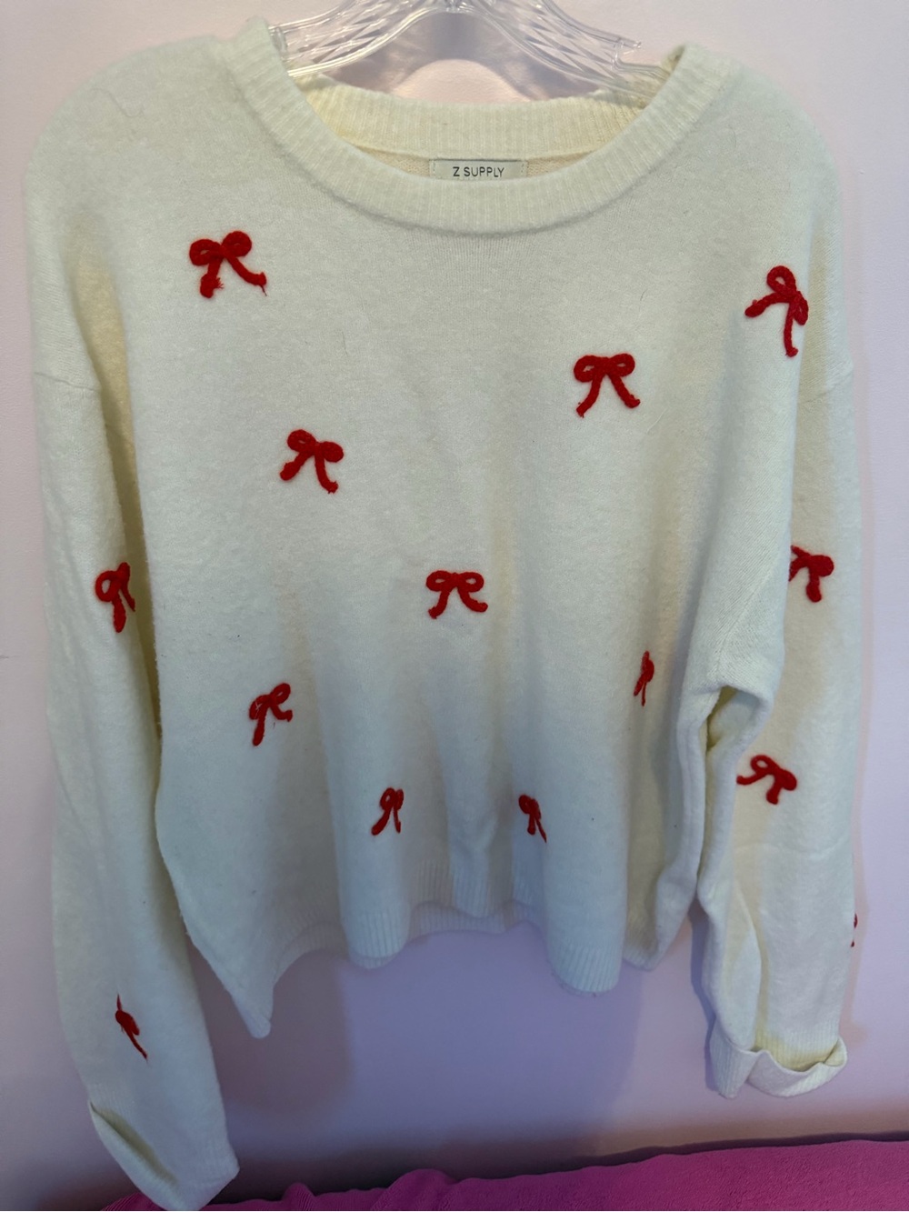 Z Supply Cream Crewneck Sweater with Red Bow Accents
